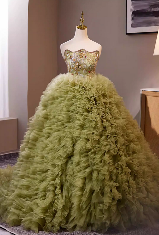 Cute Strapless A-Line Green Ruffles Tulle Sweet 16th Gowns Beading Sequins Prom Dress AP5279