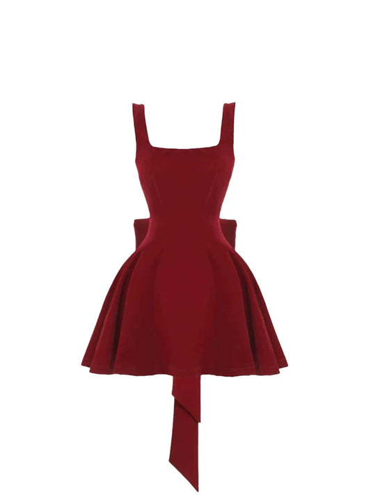 Vintage Burgundy Square Neck Sleeveless A-Line Mini Skirt Chic Backless Bow Accent Social Events Flared Short Dress AP5280