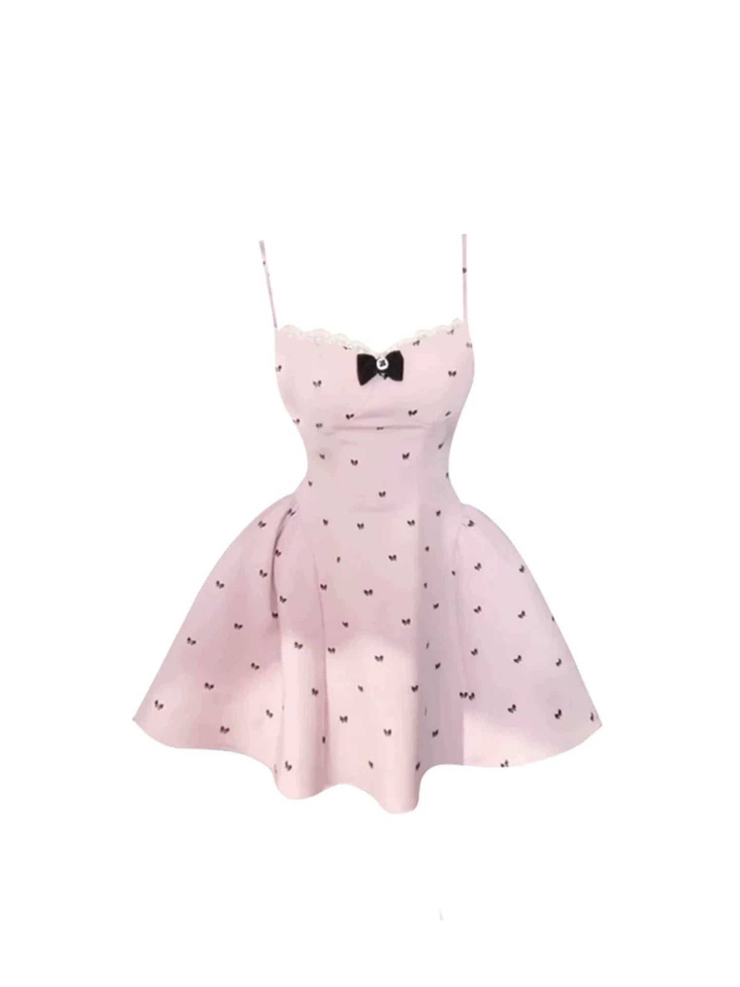 Artistic Lace Trim Black Bow Accent A-Line Mini Skirt Trendy Light Pink Spaghetti Strap Bow Print Short Dress AP5281