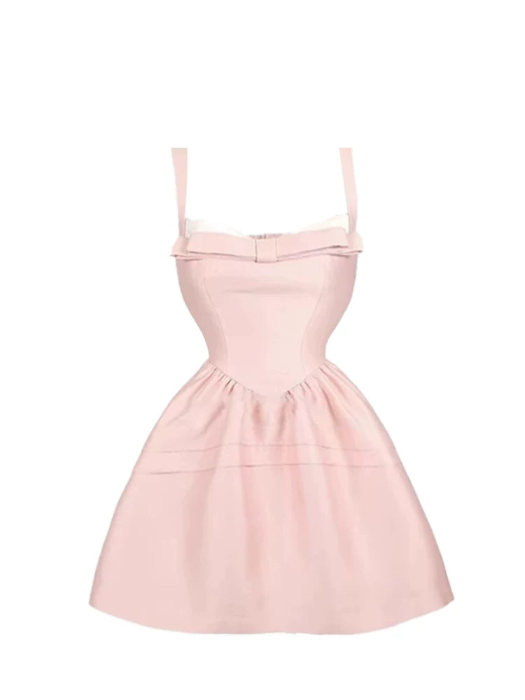 Dreamy Light Pink Spaghetti Strap A-Line Mini Skirt Adorable Bow Detail Lace Trim Fitted Waist Short Dress AP5282