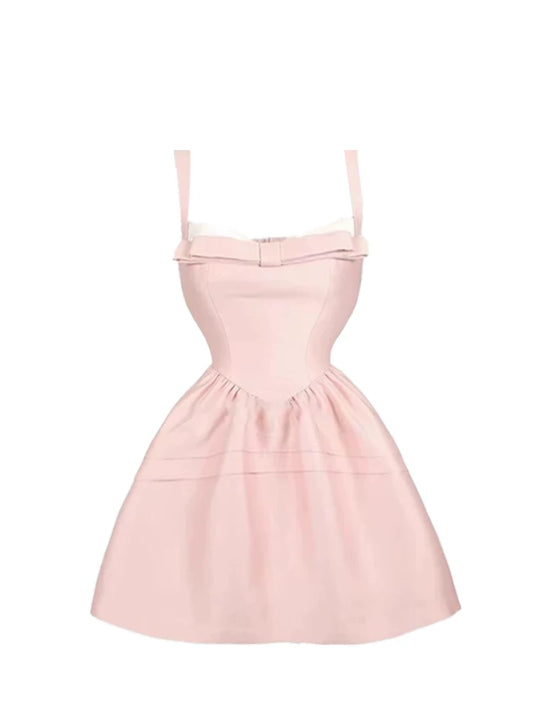 Dreamy Light Pink Spaghetti Strap A-Line Mini Skirt Adorable Bow Detail Lace Trim Fitted Waist Short Dress AP5282
