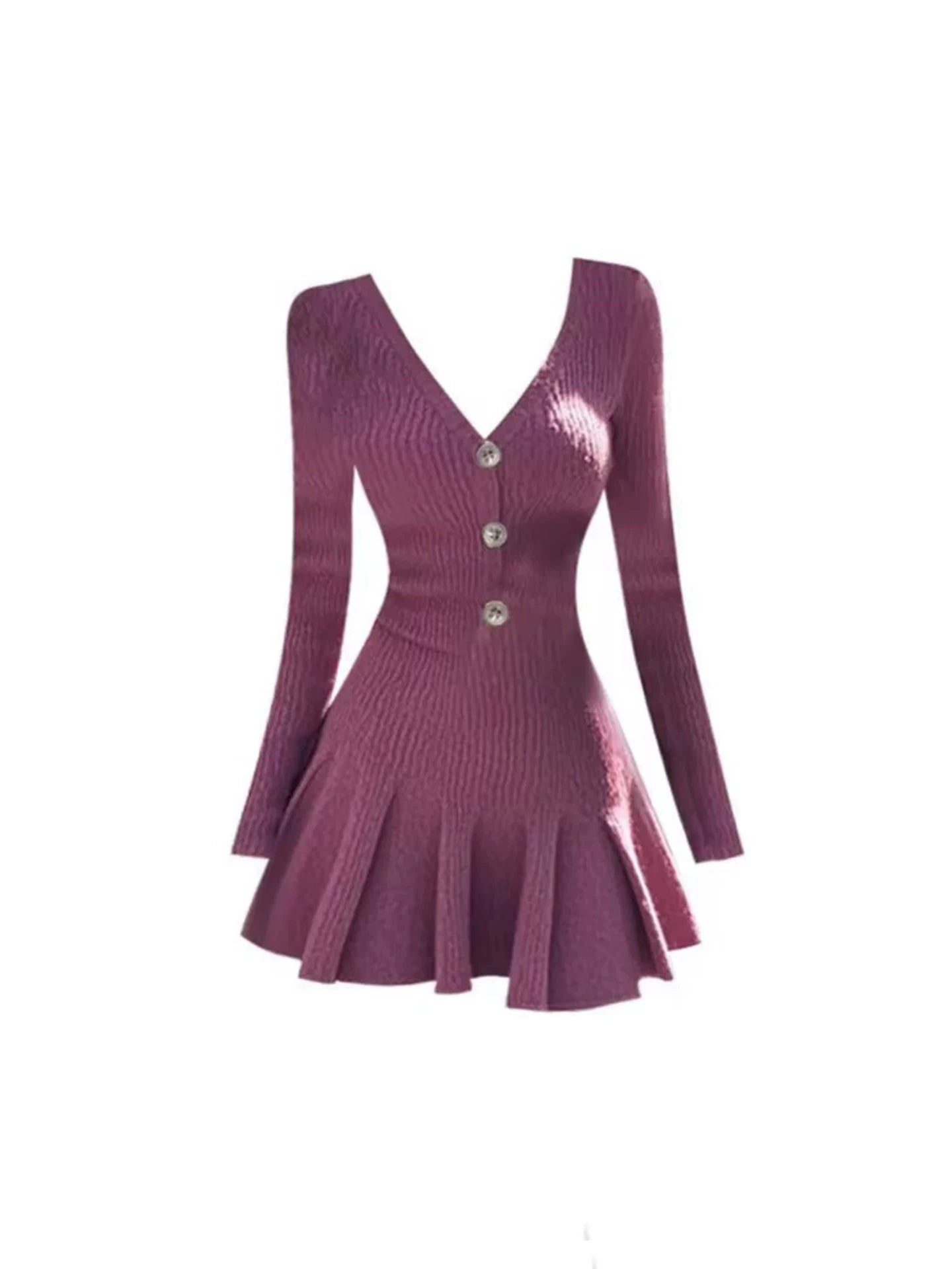Alluring Button Details Pleated Long Sleeve A-Line Mini Skirt Chic Deep Purple V-Neck Knit Short Dress AP5283