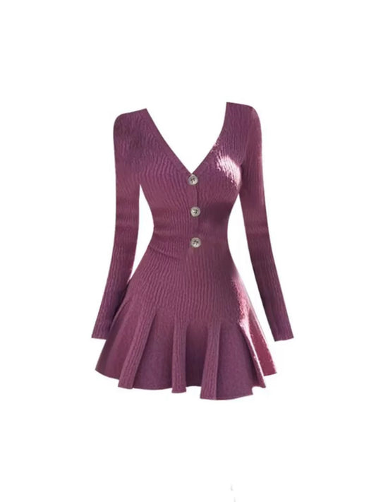 Alluring Button Details Pleated Long Sleeve A-Line Mini Skirt Chic Deep Purple V-Neck Knit Short Dress AP5283