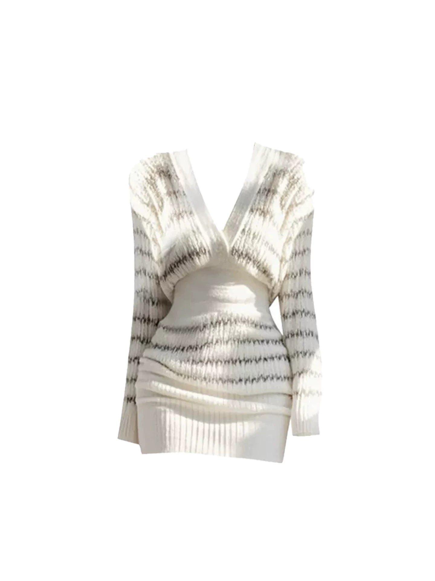 Ethereal White & Gray Striped Long-Sleeve Mini Skirt Chic Ruched Waist V-Neck Wrap Knit Bodycon Short Dress AP5284