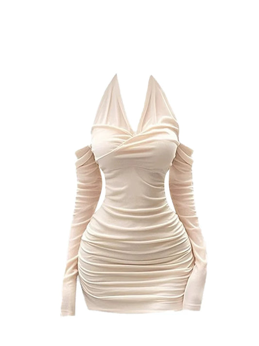 Sheen Long-Sleeve Ruched Bodycon Mini Dress Sexy Beige V-Neck Off-Shoulder Halter Short Dress AP5285