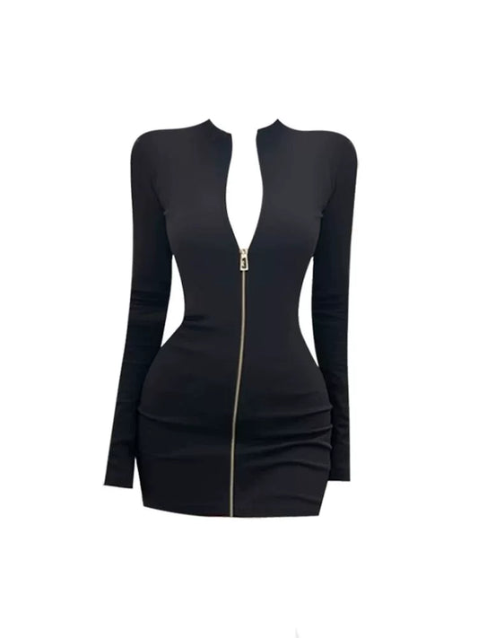 Gorgeous Black Bodycon Ruched Mini Skirt Elegant Long-Sleeve Mock Neck Front-Zip Short Dress AP5287