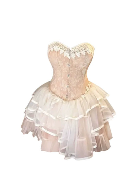 Glam A-Line Light Pink 2-Piece Lace Corset Tulle Mini Skirt Sweet Back Lace-Up Asymmetric Hem Strapless Short Dress AP5288