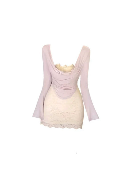 Glamorous Bodycon Light Pink Long-Sleeve Wrap Overlay Mini Skirt Trendy 2-Piece Ivory Lace Strapless Fitted Short Dress AP5289