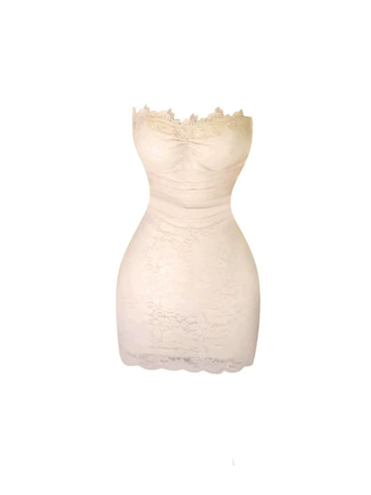Glamorous Bodycon Light Pink Long-Sleeve Wrap Overlay Mini Skirt Trendy 2-Piece Ivory Lace Strapless Fitted Short Dress AP5289