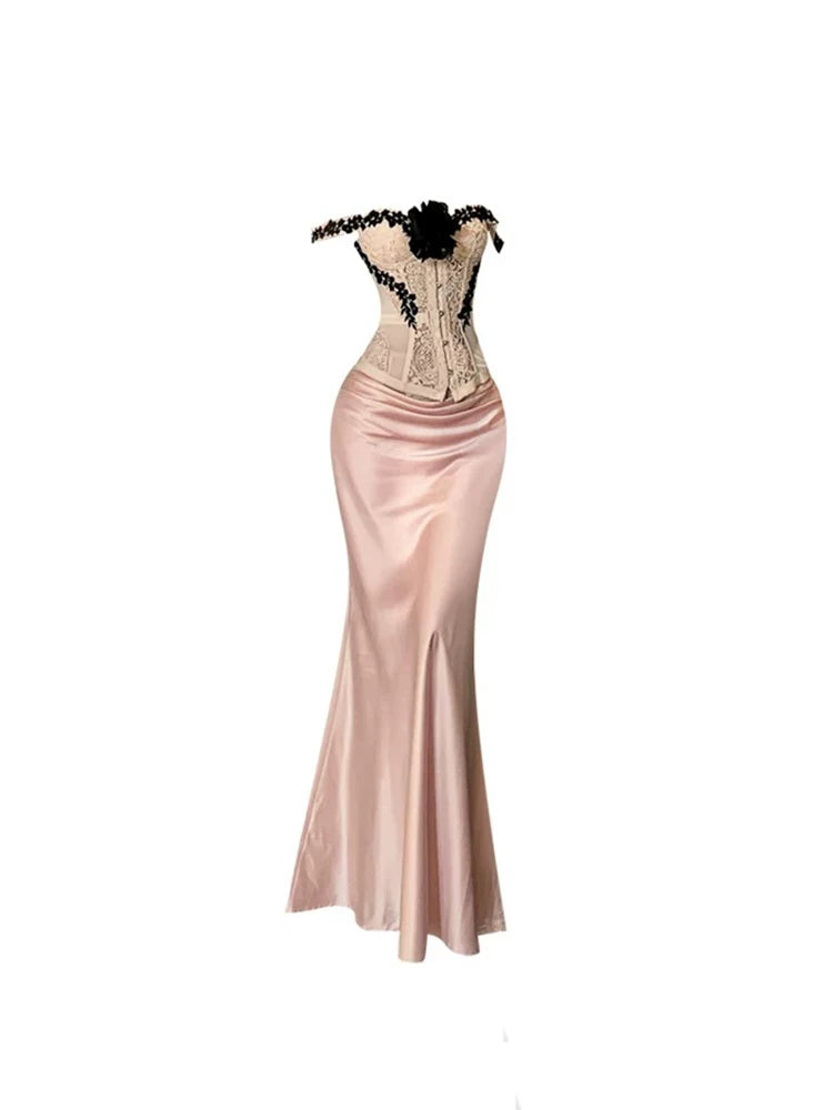 Dramatic Blush Satin Off-Shoulder Corset 2-Piece Maxi Dress Chic Black Lace Flower Details Mermaid Long Dress AP5290