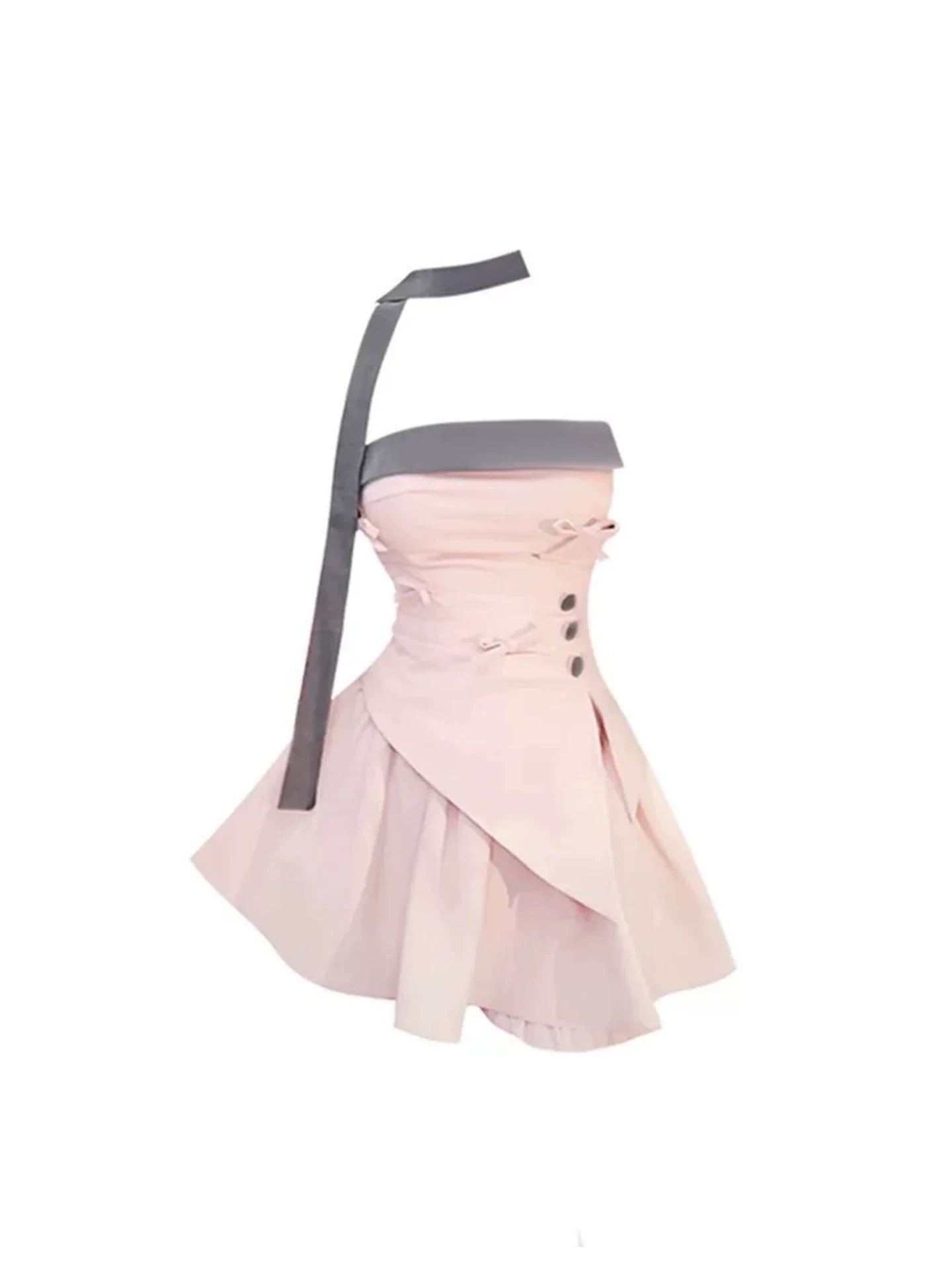 Stunning Button Details Asymmetric Hem 2-Piece Mini Skirt Charming Light Pink Strapless Short Dress AP5291