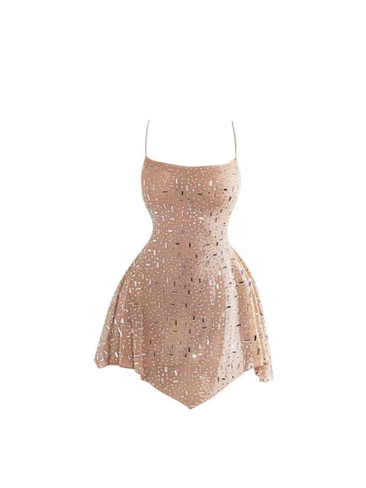 Novelty Blush Spaghetti Strap Sequin Mini Skirt Glittering Fitted Waist A-Line Asymmetric Hem Short Dress AP5292