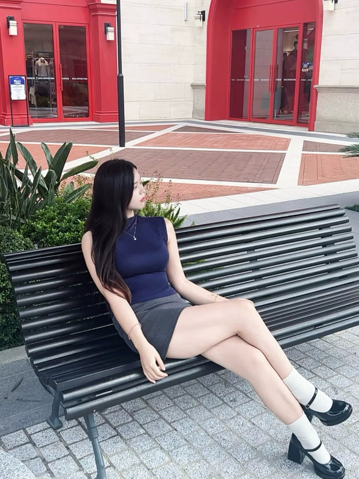 Unique Sleeveless Navy Top 2-Piece Bodycon Mini Dress Charming Turtleneck Fitted Gray Slim-Fit Office   Short Dress AP5293