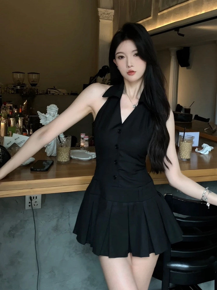 Vibrant Button Details Pleated A-Line Mini Skirt Sexy Black Sleeveless Lapel Neck Short Dress AP5294