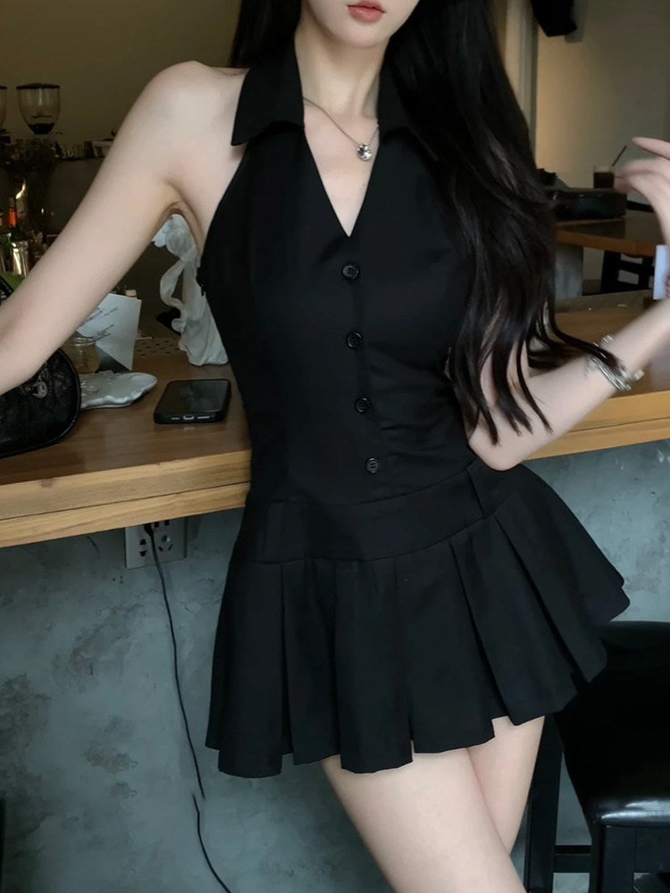 Vibrant Button Details Pleated A-Line Mini Skirt Sexy Black Sleeveless Lapel Neck Short Dress AP5294
