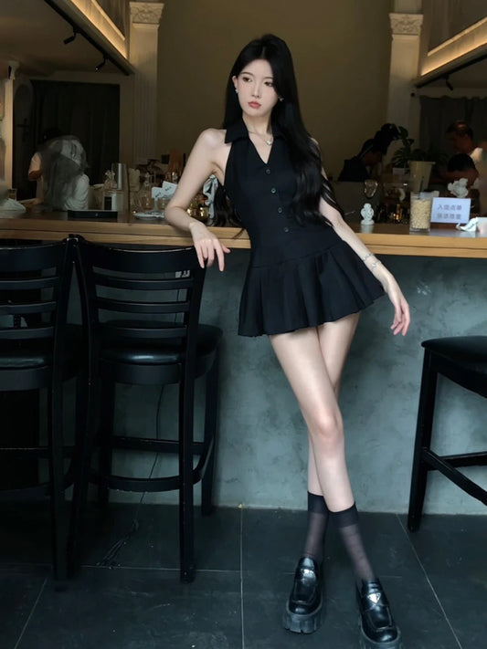 Vibrant Button Details Pleated A-Line Mini Skirt Sexy Black Sleeveless Lapel Neck Short Dress AP5294