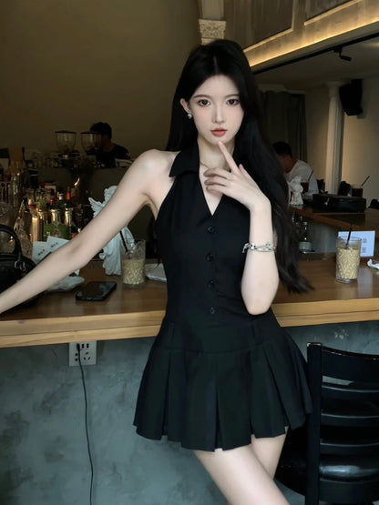 Vibrant Button Details Pleated A-Line Mini Skirt Sexy Black Sleeveless Lapel Neck Short Dress AP5294