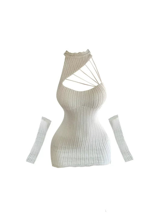 Fashionable Ribbed Knit Bodycon Mini Skirt Charming Cutout Straps Long Sleeves Halter Short Dress AP5295