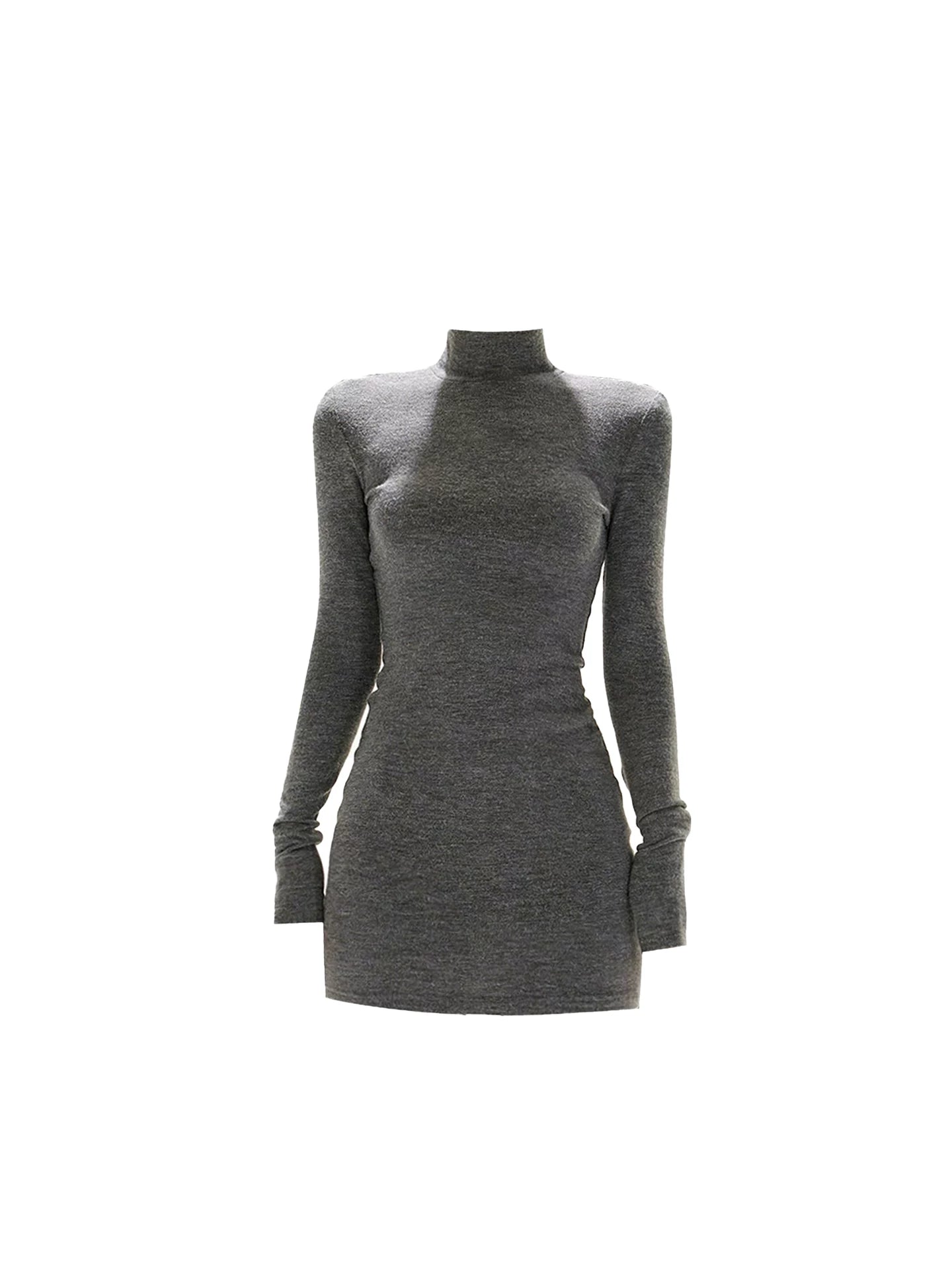French Style Knit Back Lace Cutout Accent Bodycon Mini Skirt Simple Dark Gray Turtleneck Long-Sleeve Short Dress AP5296
