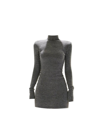 French Style Knit Back Lace Cutout Accent Bodycon Mini Skirt Simple Dark Gray Turtleneck Long-Sleeve Short Dress AP5296
