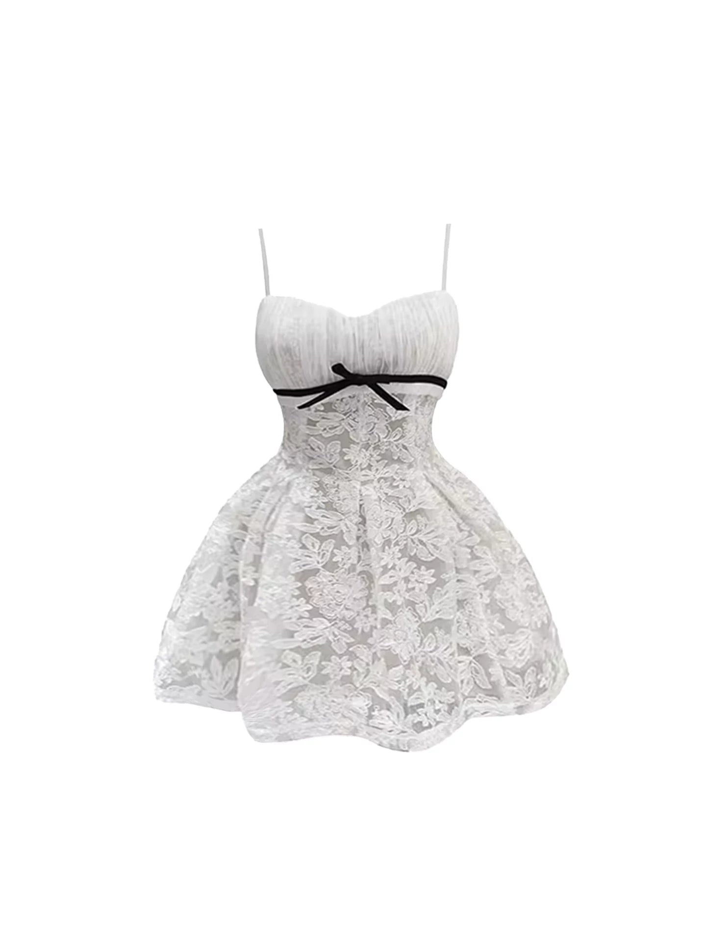 Minimalist Black Bow Accent Spaghetti Strap Mini Skirt Trendy White All-Over Floral Lace A-Line Short Dress AP5297