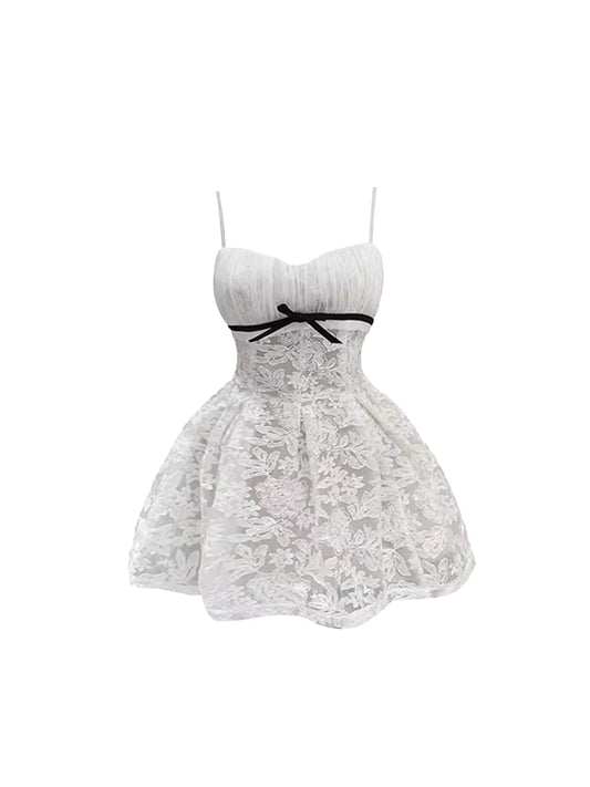 Minimalist Black Bow Accent Spaghetti Strap Mini Skirt Trendy White All-Over Floral Lace A-Line Short Dress AP5297