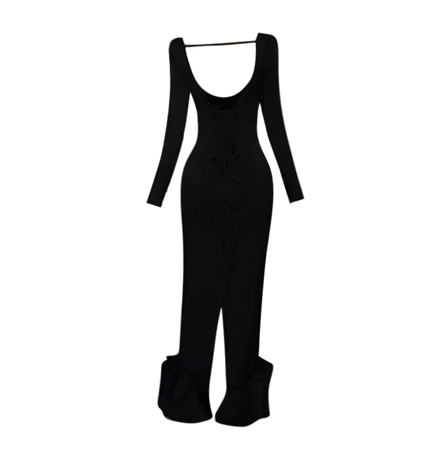 Simple Open Back Lace-Up Ruffled Hem Sheath Maxi Dress Chic Black Square-Neck Long-Sleeve Slit Fitted Long Dress AP5298