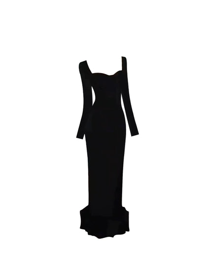 Simple Open Back Lace-Up Ruffled Hem Sheath Maxi Dress Chic Black Square-Neck Long-Sleeve Slit Fitted Long Dress AP5298