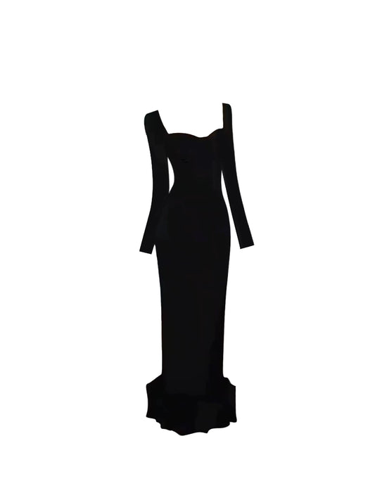 Simple Open Back Lace-Up Ruffled Hem Sheath Maxi Dress Chic Black Square-Neck Long-Sleeve Slit Fitted Long Dress AP5298