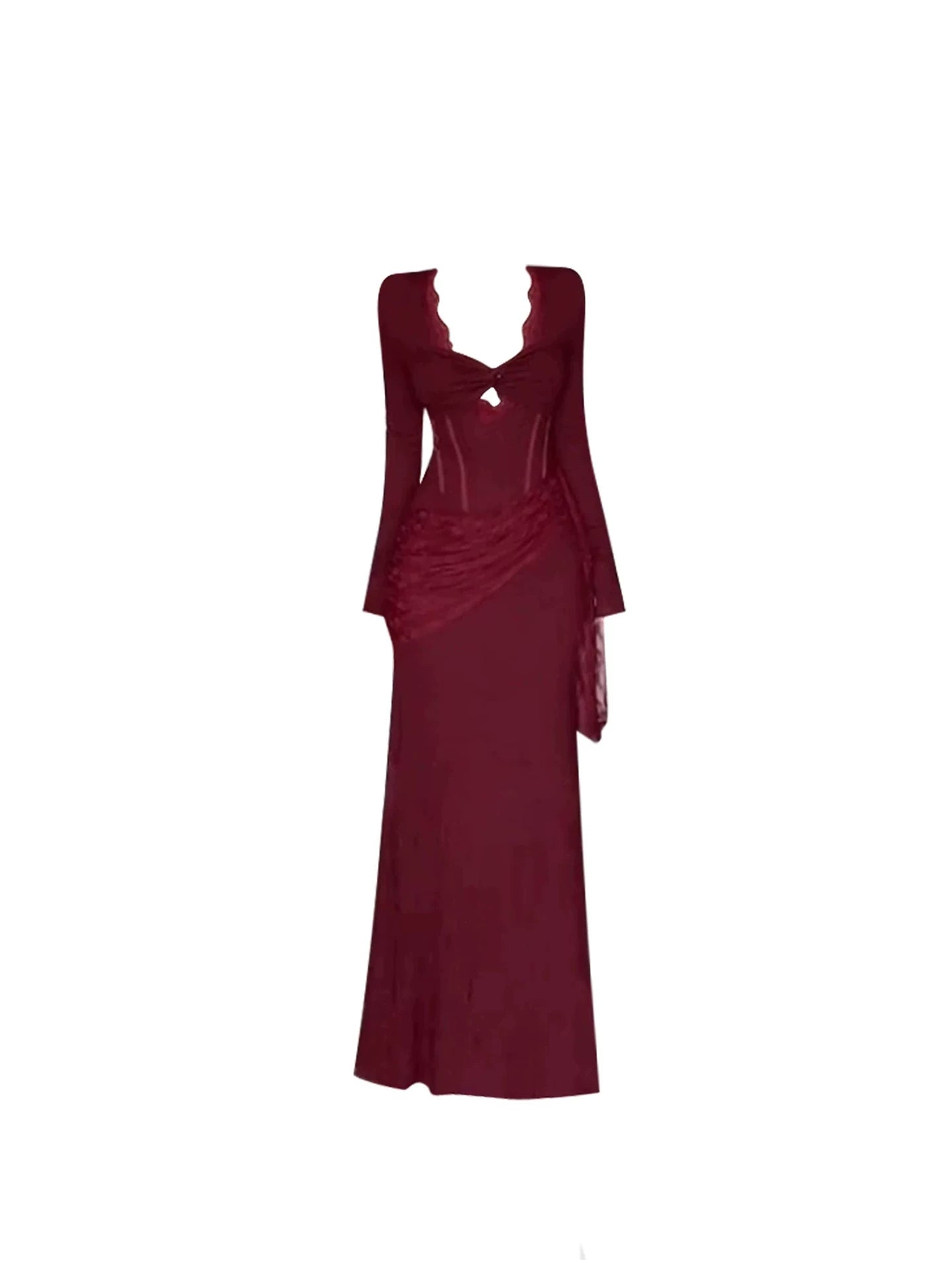 Charming Lace Deep V Scalloped Neck Side Ruched Detail Sheath Maxi Dress Chic Burgundy Long-Sleeve Fitted Long Dress AP5299
