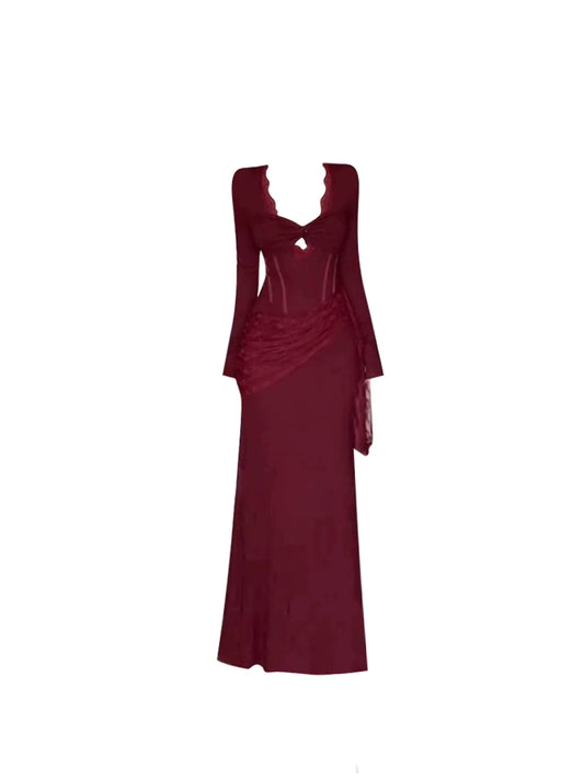 Charming Lace Deep V Scalloped Neck Side Ruched Detail Sheath Maxi Dress Chic Burgundy Long-Sleeve Fitted Long Dress AP5299