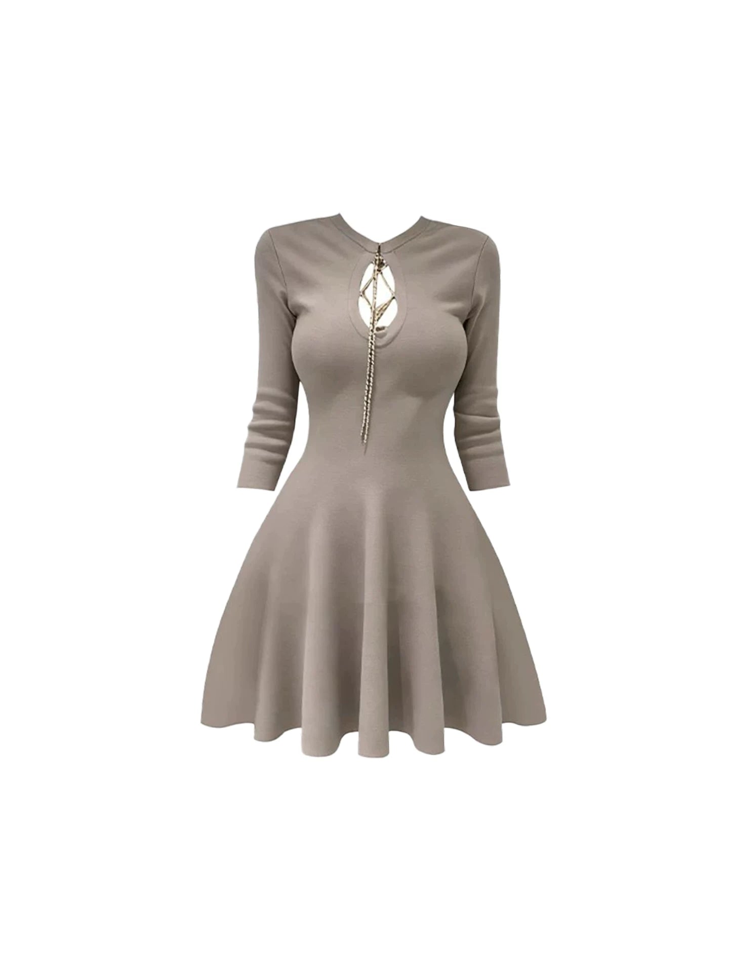 Dopamine Style Chest Cutout Chain Flared A-Line Mini Skirt Vogue Light Gray Long Sleeve Jewel Neck Short Dress AP5300