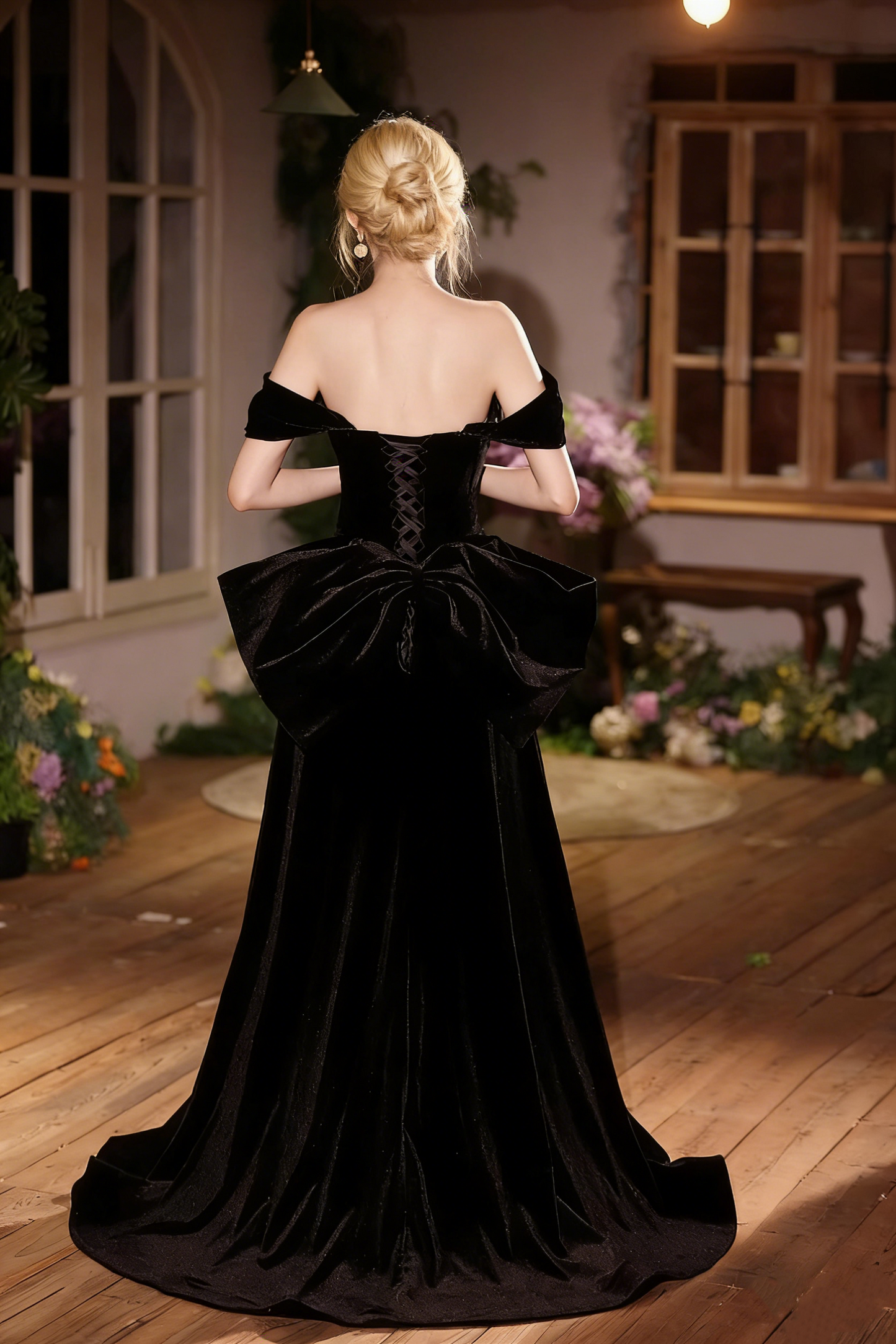 Sparkly Sheath Off-Shoulder Sweet 16th Dresses Black Velvet Bow Beading Prom Dress AP5301