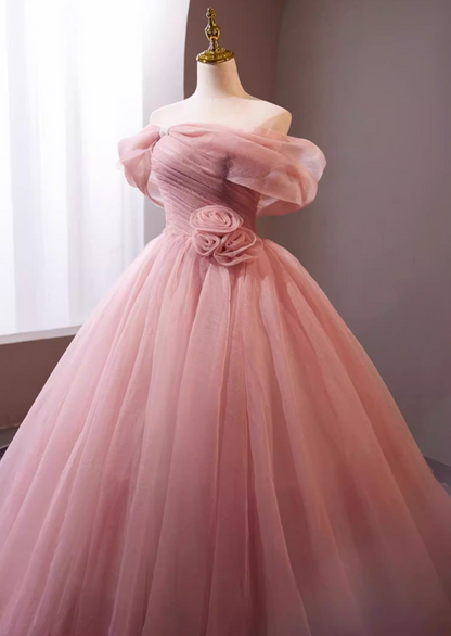 Adorable Off-Shoulder A-Line Pleated Tulle Sweet 16th Dresses Handmade Flowers Beads Prom Dress AP5302