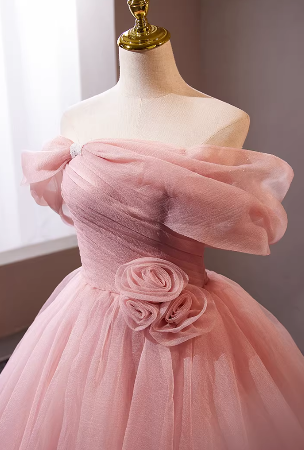 Adorable Off-Shoulder A-Line Pleated Tulle Sweet 16th Dresses Handmade Flowers Beads Prom Dress AP5302