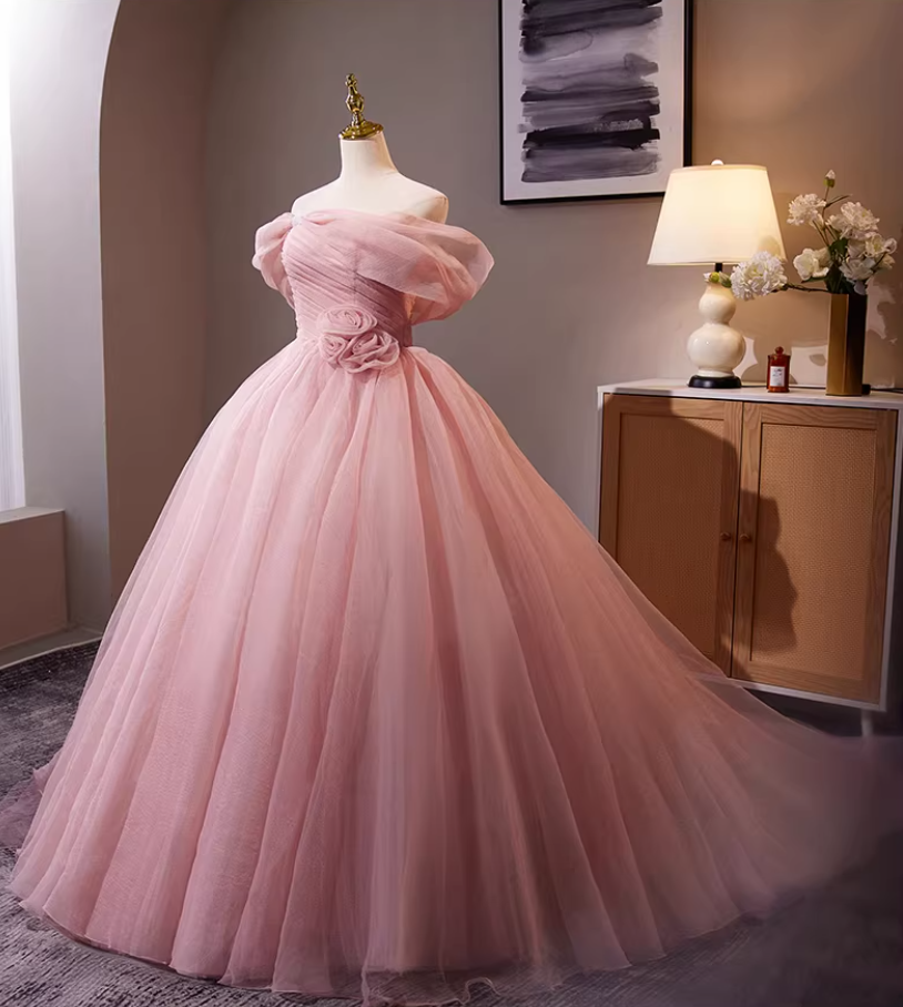 Adorable Off-Shoulder A-Line Pleated Tulle Sweet 16th Dresses Handmade Flowers Beads Prom Dress AP5302