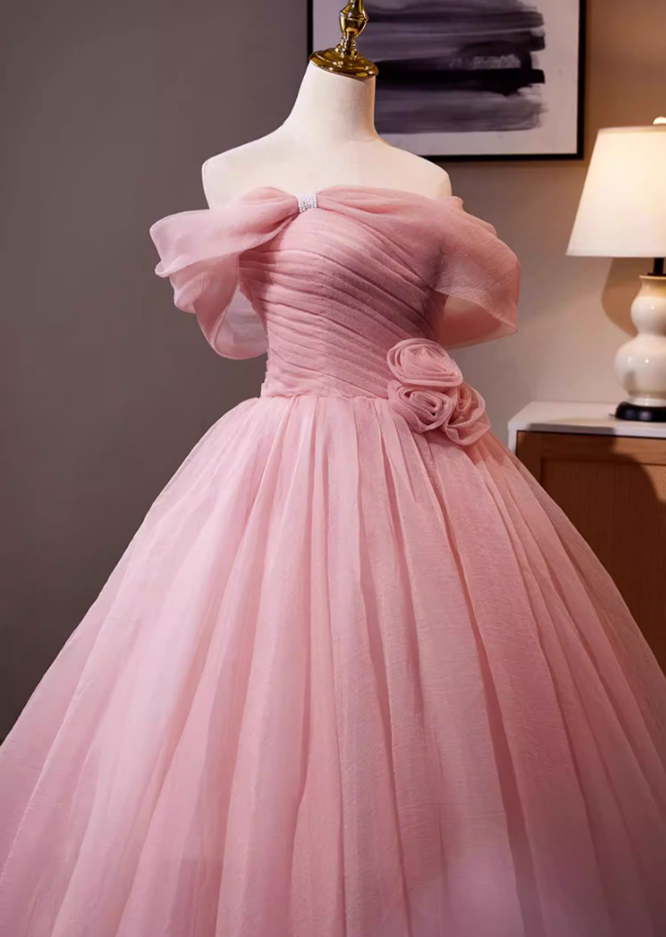 Adorable Off-Shoulder A-Line Pleated Tulle Sweet 16th Dresses Handmade Flowers Beads Prom Dress AP5302