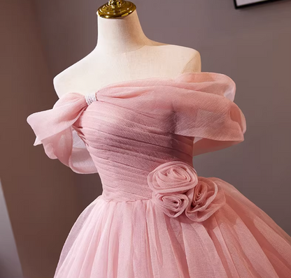 Adorable Off-Shoulder A-Line Pleated Tulle Sweet 16th Dresses Handmade Flowers Beads Prom Dress AP5302