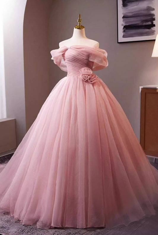 Adorable Off-Shoulder A-Line Pleated Tulle Sweet 16th Dresses Handmade Flowers Beads Prom Dress AP5302