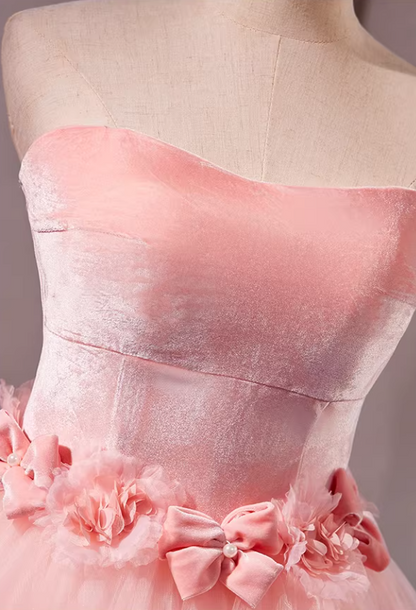 Playful Strapless A-Line Pink Tulle Sweet 16th Gowns Bows Appliques Beads Prom Dress AP5303