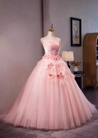 Playful Strapless A-Line Pink Tulle Sweet 16th Gowns Bows Appliques Beads Prom Dress AP5303