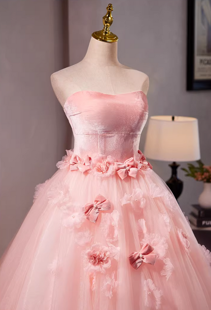 Playful Strapless A-Line Pink Tulle Sweet 16th Gowns Bows Appliques Beads Prom Dress AP5303