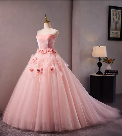 Playful Strapless A-Line Pink Tulle Sweet 16th Gowns Bows Appliques Beads Prom Dress AP5303