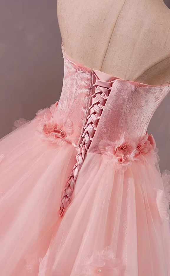 Playful Strapless A-Line Pink Tulle Sweet 16th Gowns Bows Appliques Beads Prom Dress AP5303