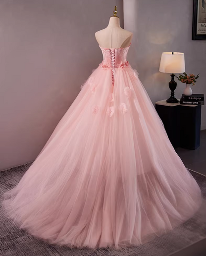 Playful Strapless A-Line Pink Tulle Sweet 16th Gowns Bows Appliques Beads Prom Dress AP5303