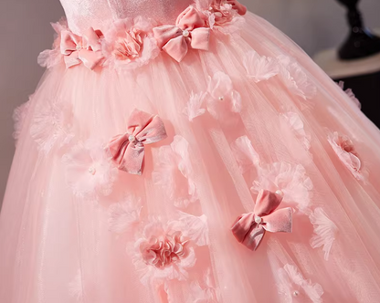Playful Strapless A-Line Pink Tulle Sweet 16th Gowns Bows Appliques Beads Prom Dress AP5303