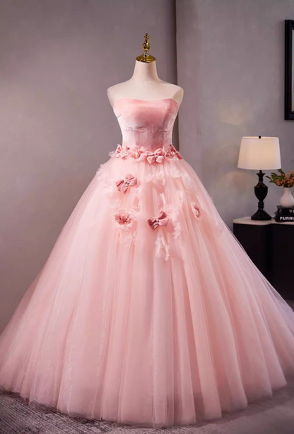Playful Strapless A-Line Pink Tulle Sweet 16th Gowns Bows Appliques Beads Prom Dress AP5303