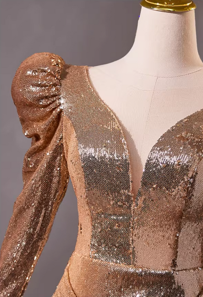 Bling Sheath V Neck Draped Evening Gowns Long Sleeve Sequins Prom Dress AP5304