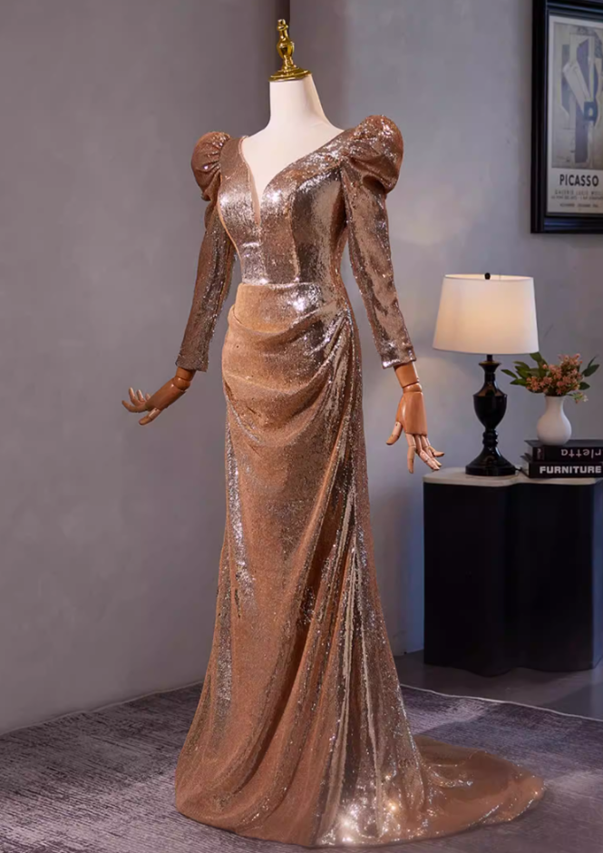 Bling Sheath V Neck Draped Evening Gowns Long Sleeve Sequins Prom Dress AP5304