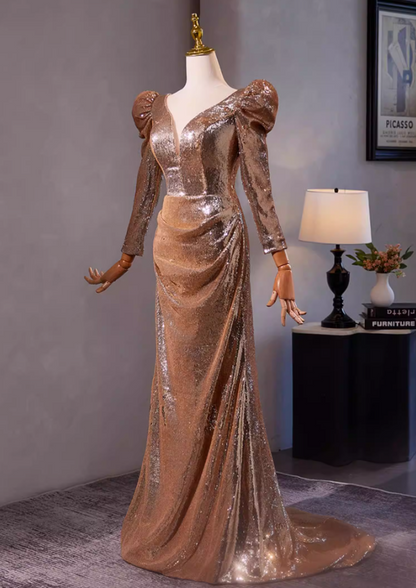 Bling Sheath V Neck Draped Evening Gowns Long Sleeve Sequins Prom Dress AP5304